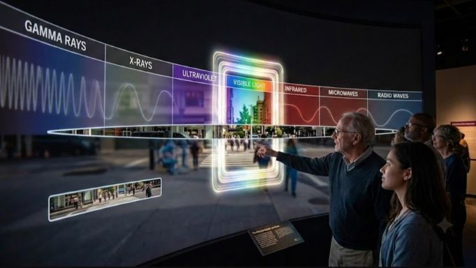 Four adults standing in front of a large representation of the electromagnetic spectrum.  The tiny sliver representing visible light is both exaggerated and highlighted.